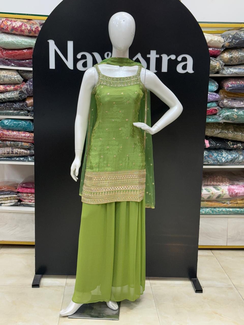 Lime Green Embroidered Sharara Suit Set