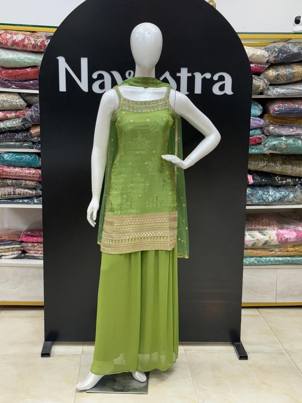 Lime Green Embroidered Sharara Suit Set