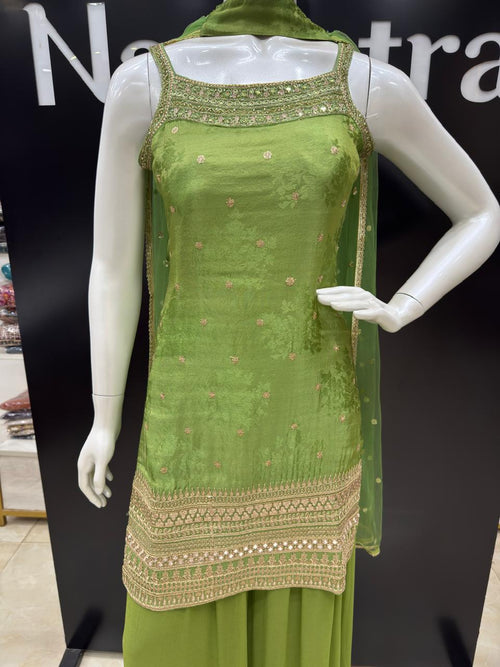 Lime Green Embroidered Sharara Suit Set